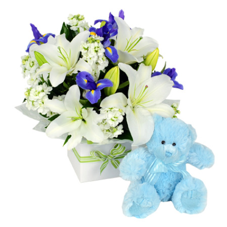 baby boy flowers small box and small teddy
