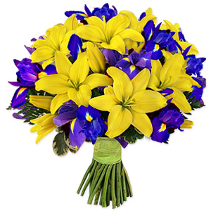 Bouquet of  Irises and yellow Lily