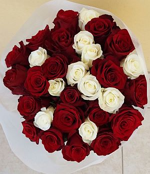 31 red and white roses top view