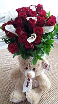 red roses and white callas Teddy bear