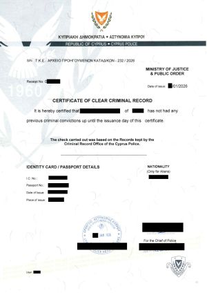 2026 Certificate of Clear Criminal Record. Cyprus police certificate in English