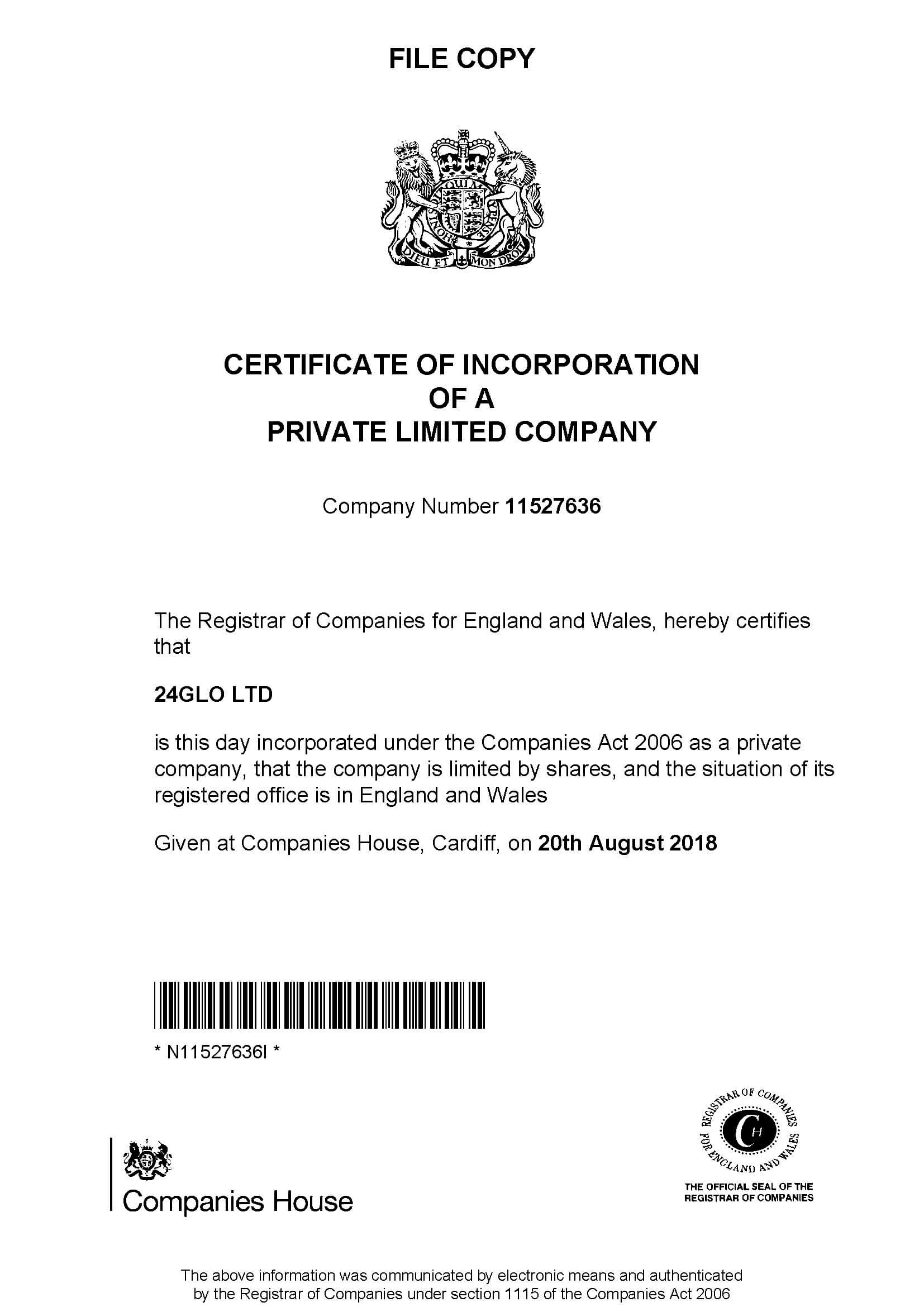 образец сертификата инкорпорации регистрации Certificate of incorporation Великобритания