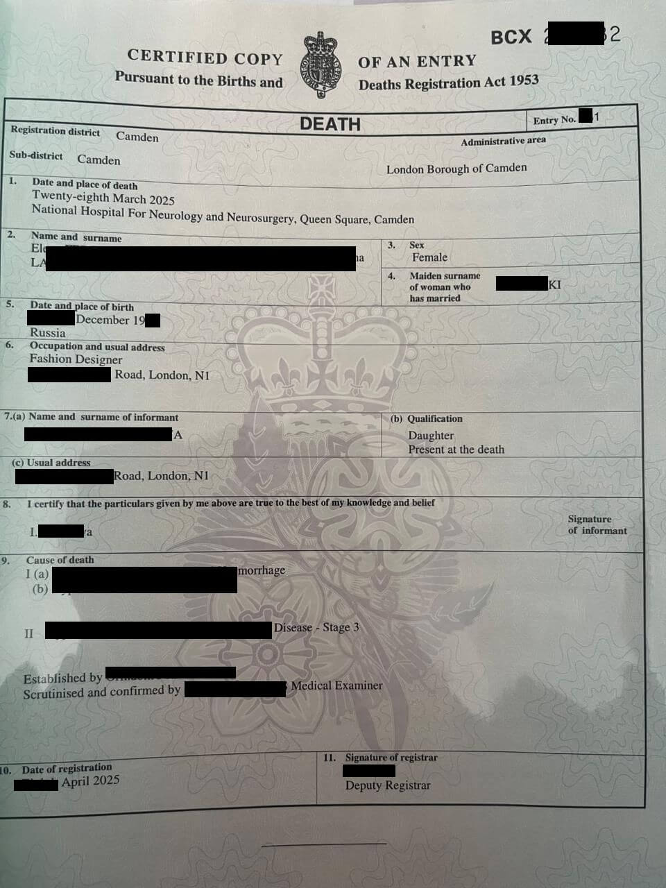 UK Death Certificate