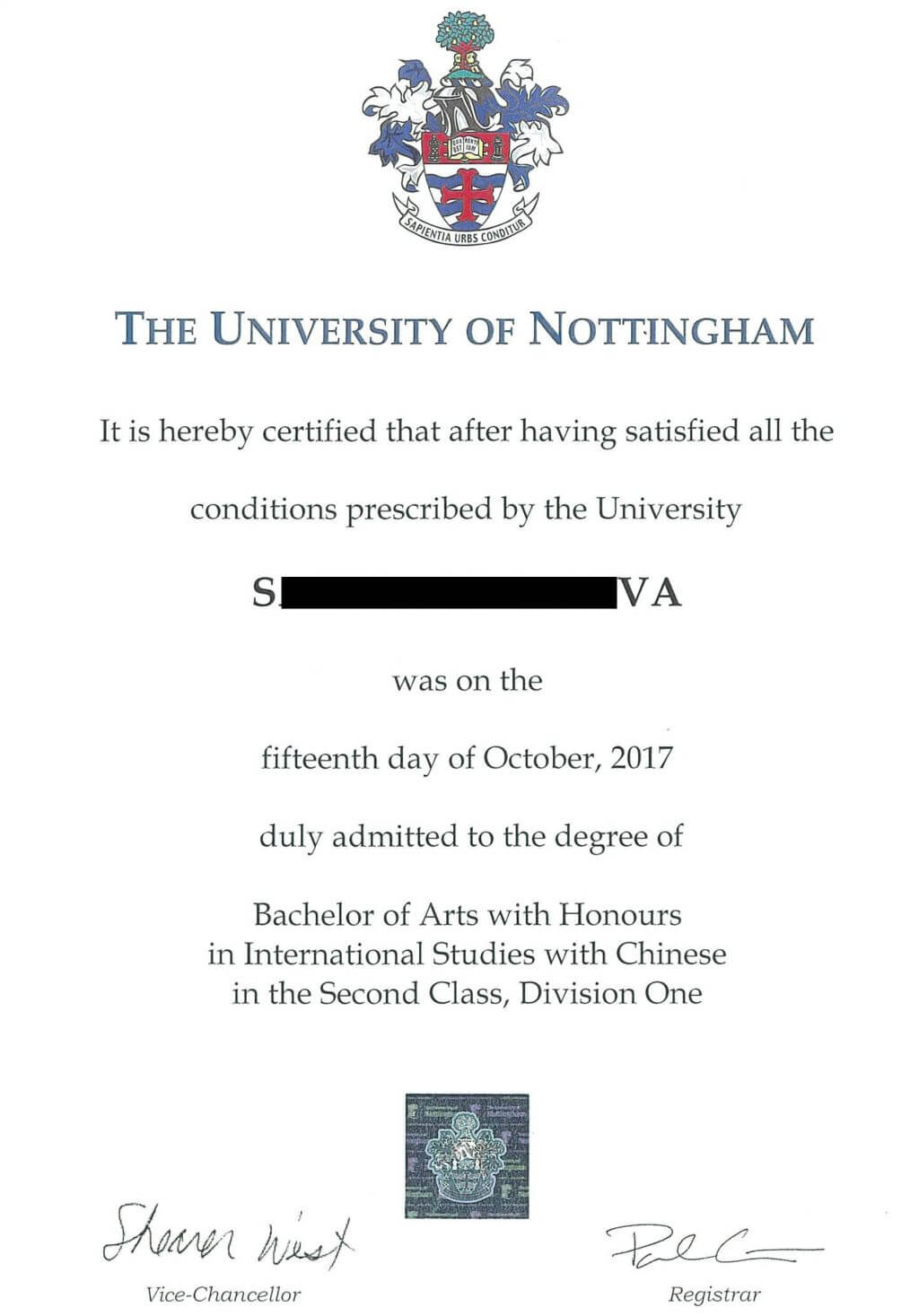Diploma of University of Nottingham