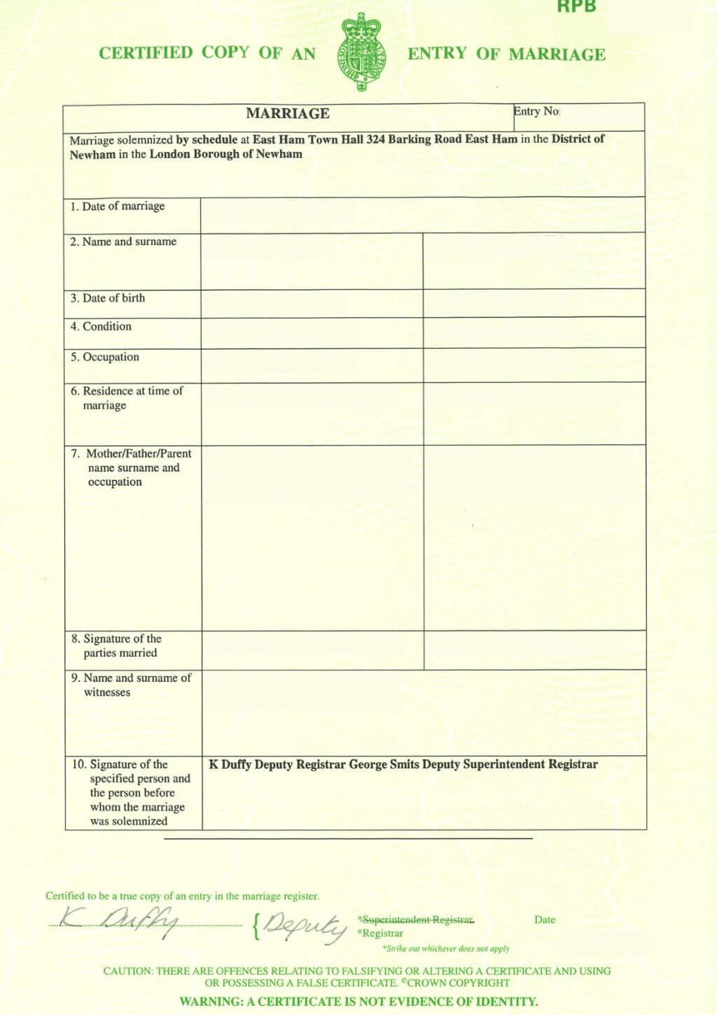 Example of UK Marriage Certificate