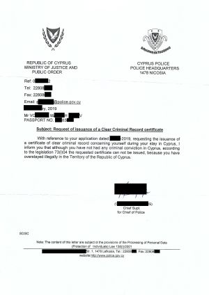 letter of Clear Criminal Record. Cyprus police letter