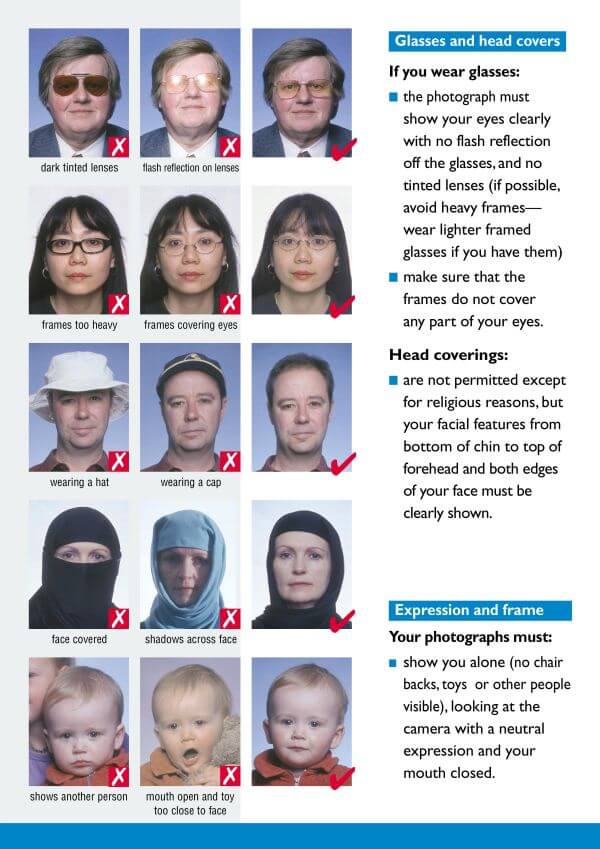 requirements for photo for passport Glasses and head covers Expression and frame