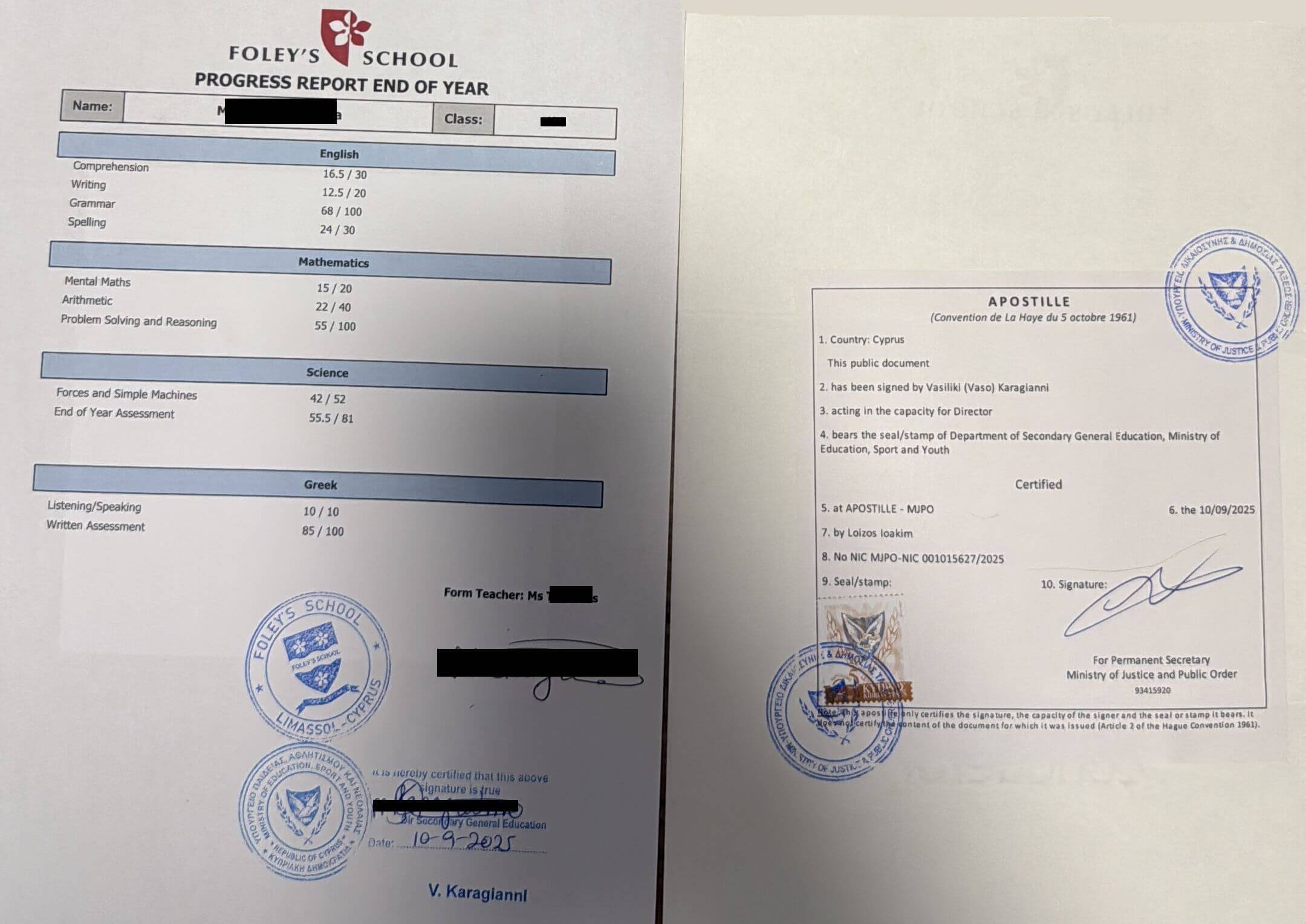 Apostille on a certificate from Foley's School